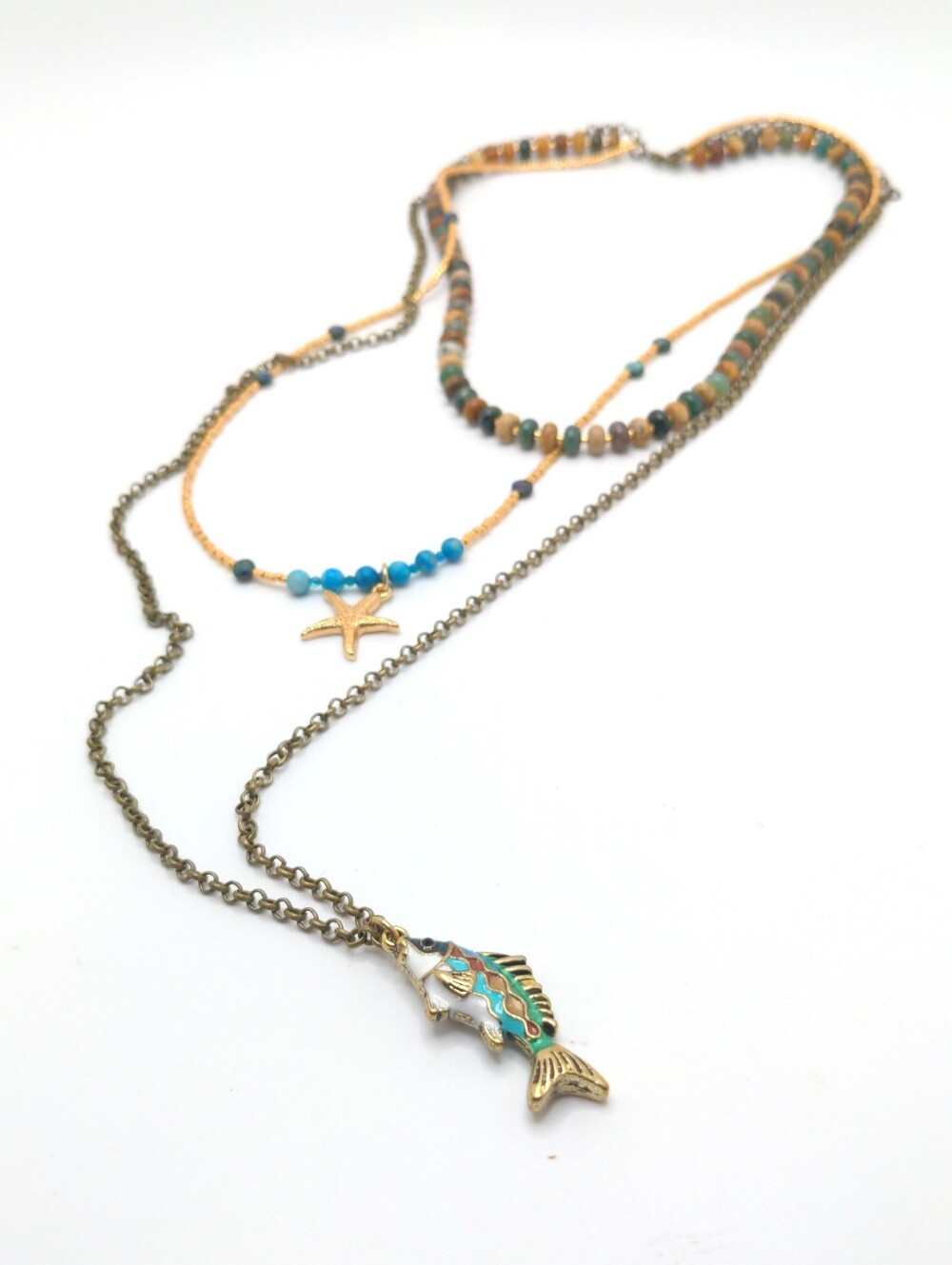 381MIDALANE Handcrafted Semi-Precious Layered Fish Pendant Necklace